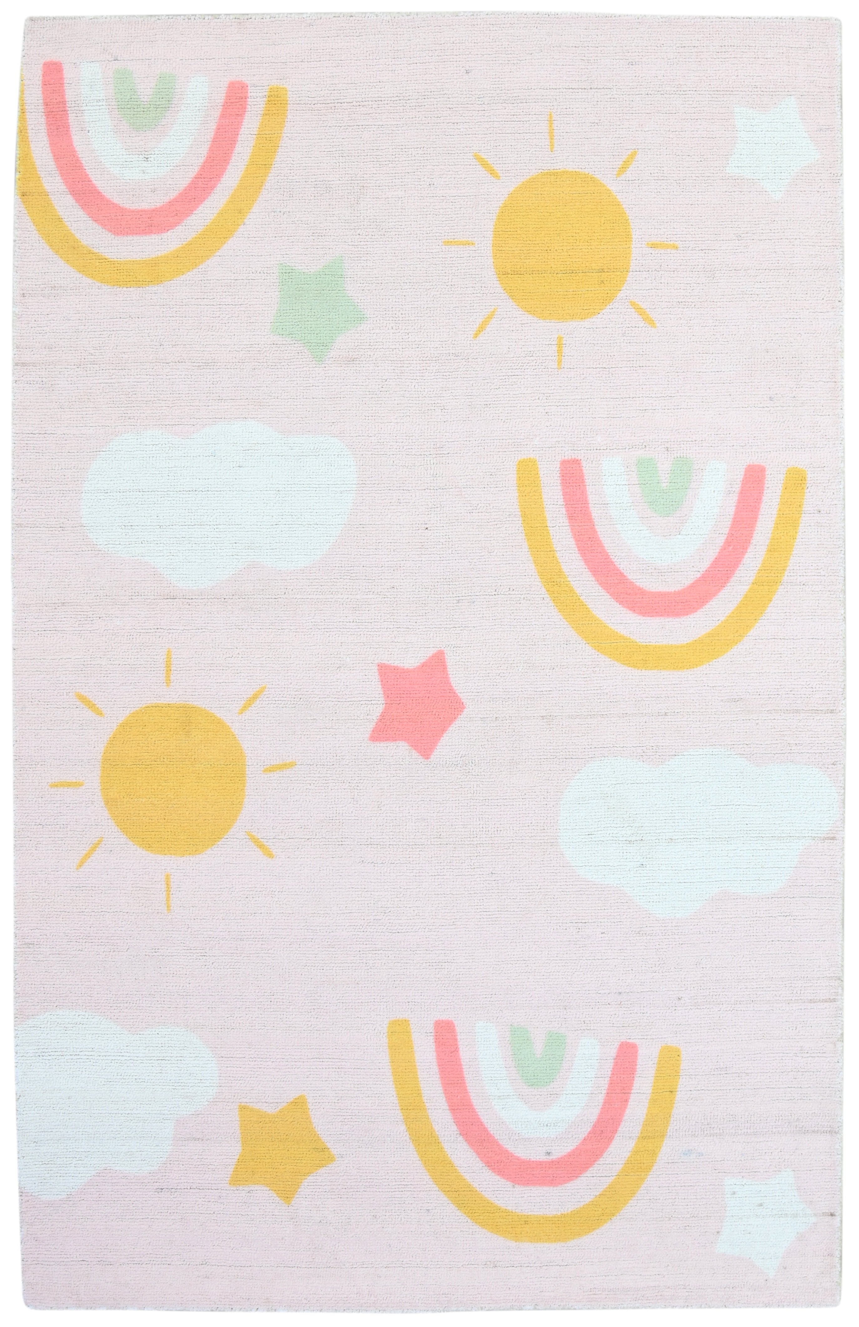 Celestial Rainbow Blush Pink Handmade Kids Rug | Cloud, Sunshine, Stars Nursery Rug 9080716689557