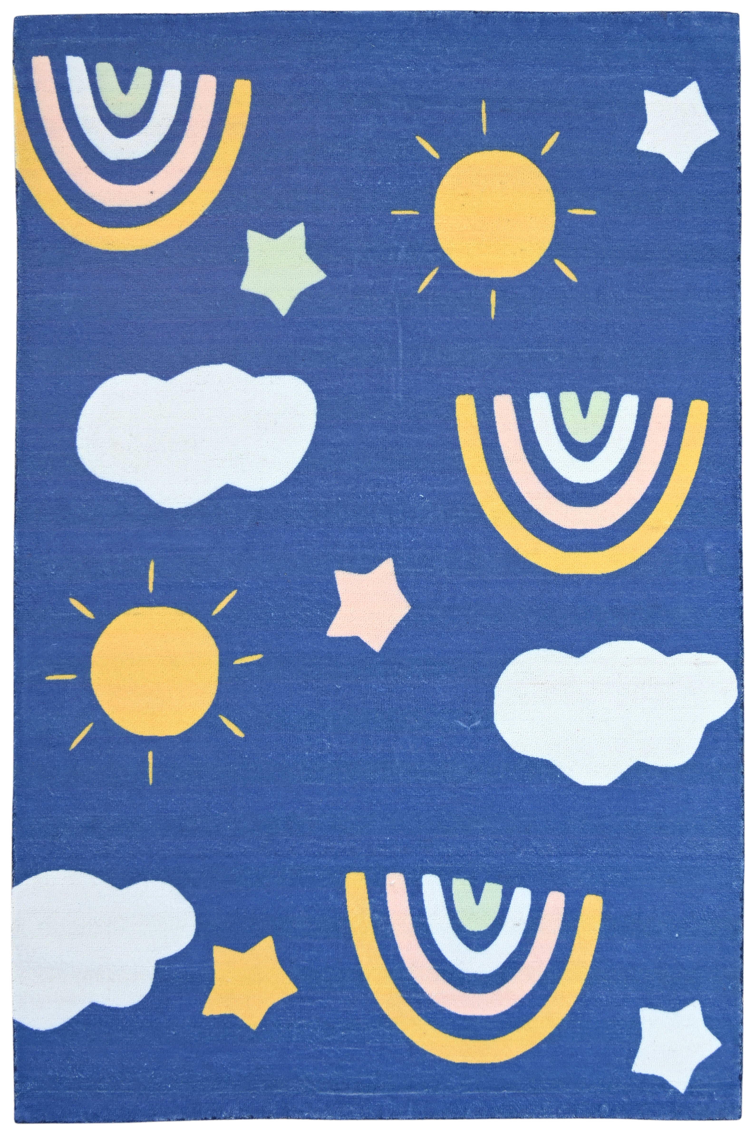 Celestial Rainbow Navy Blue Handmade Kids Rug | Cloud, Sunshine Nursery Rug 9081801834645