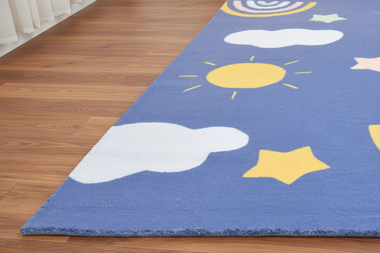 Celestial Rainbow Navy Blue Handmade Kids Rug | Cloud, Sunshine Nursery Rug 9081801834645
