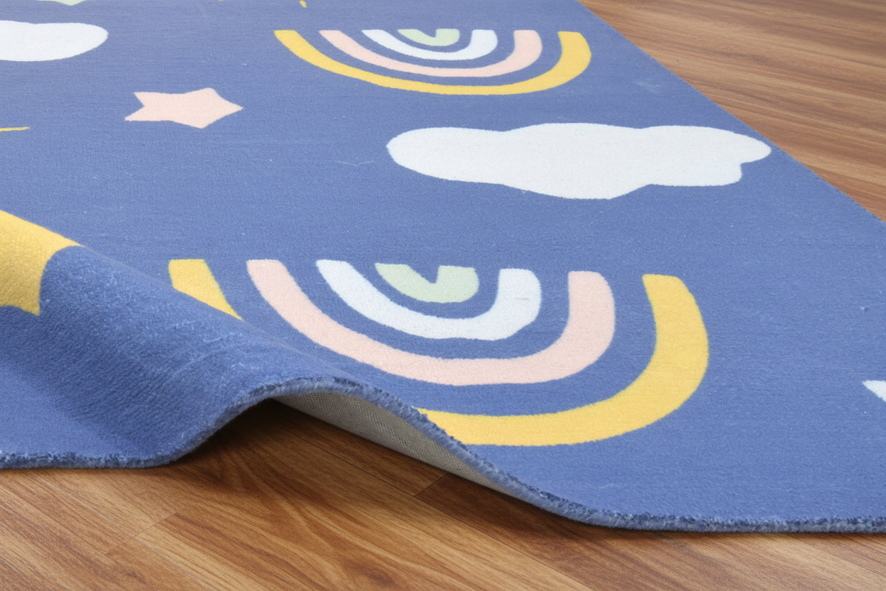 Celestial Rainbow Navy Blue Handmade Kids Rug | Cloud, Sunshine Nursery Rug 9081801834645