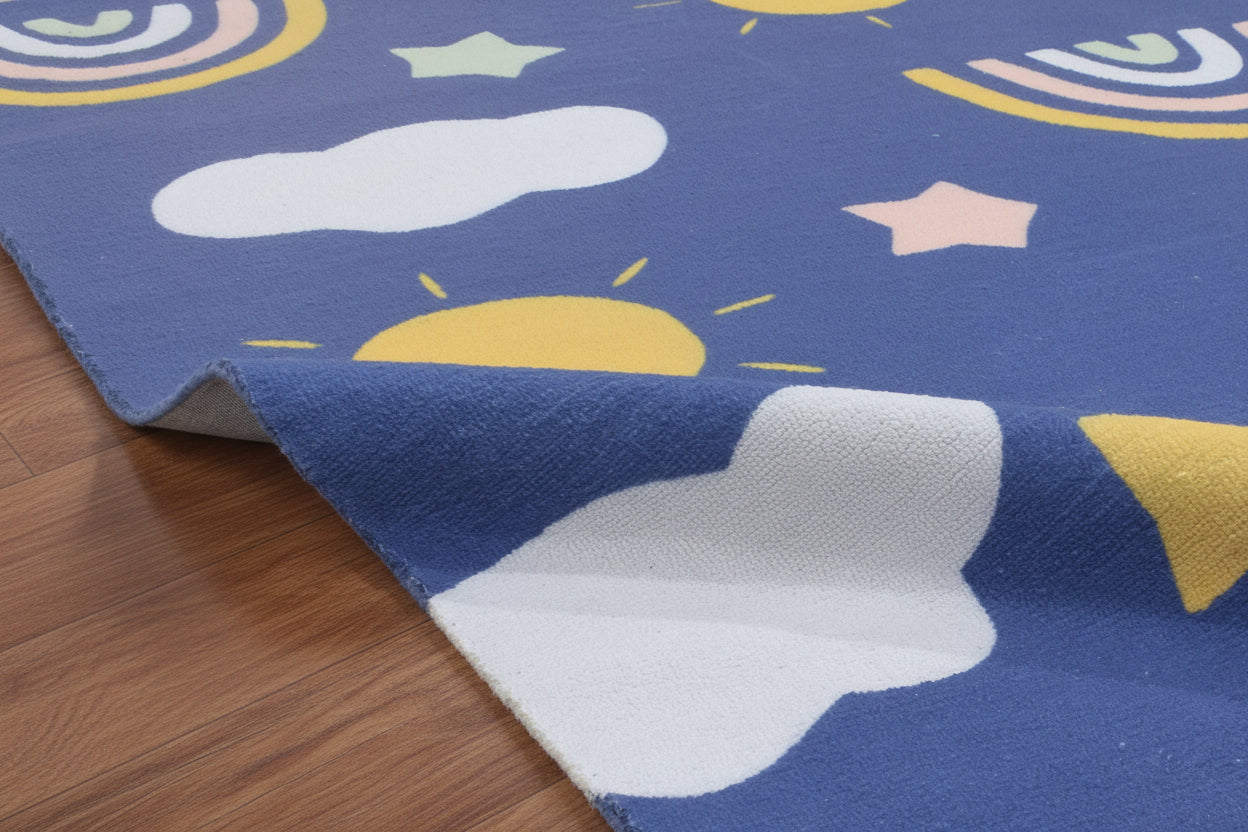 Celestial Rainbow Navy Blue Handmade Kids Rug | Cloud, Sunshine Nursery Rug 9081801834645