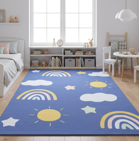 Celestial Rainbow Navy Blue Handmade Kids Rug | Cloud, Sunshine Nursery Rug 9081801834645