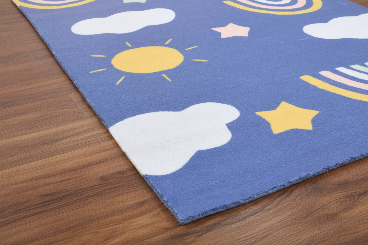 Celestial Rainbow Navy Blue Handmade Kids Rug | Cloud, Sunshine Nursery Rug 9081801834645