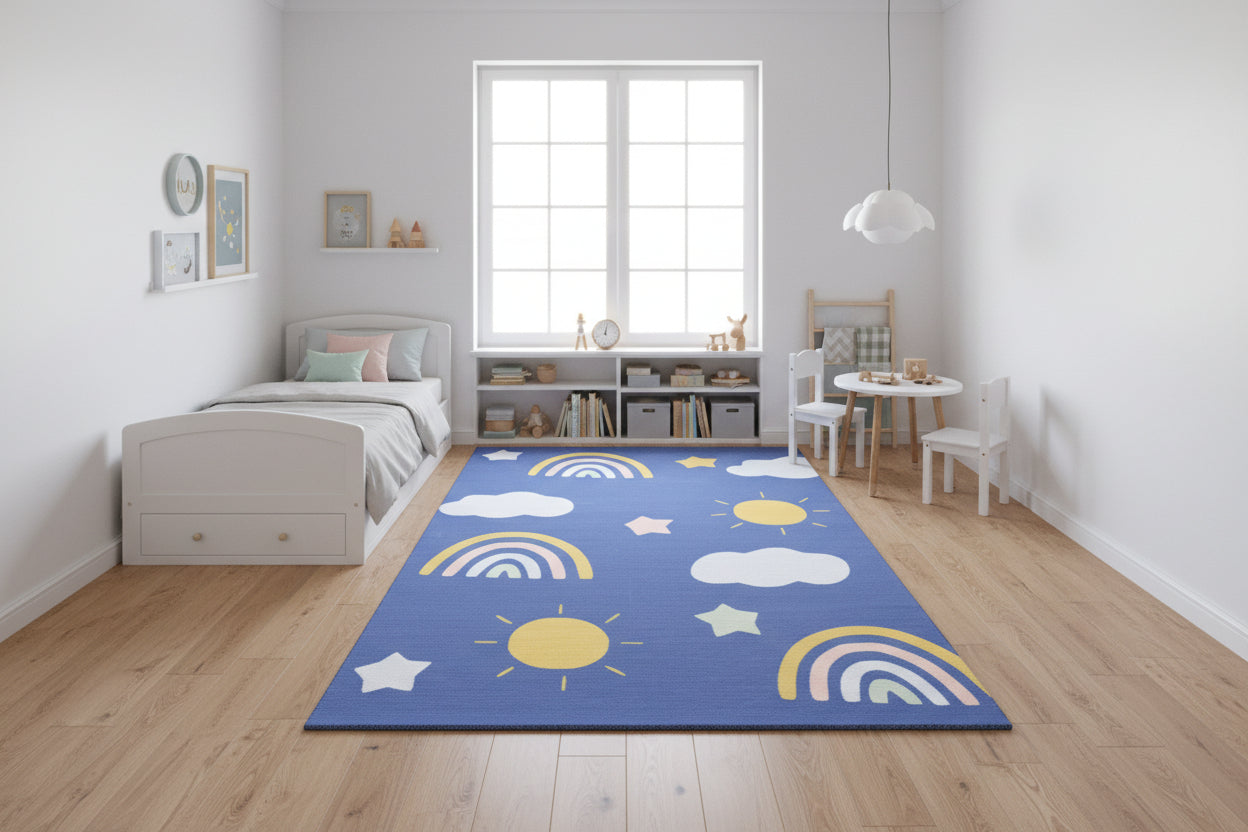 Celestial Rainbow Navy Blue Handmade Kids Rug | Cloud, Sunshine Nursery Rug 9081801834645