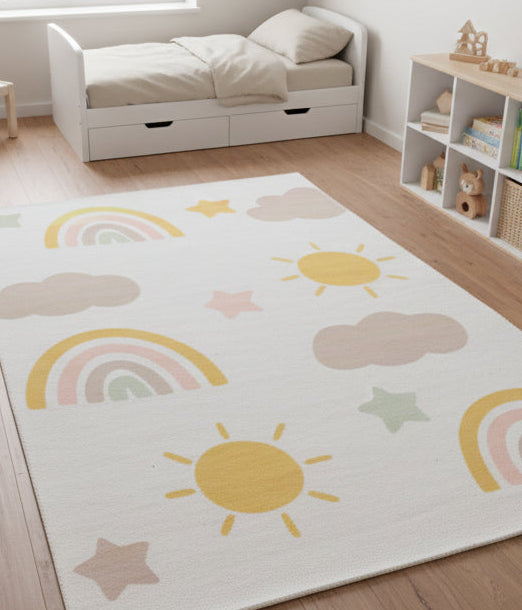 Celestial Rainbow Off White Handmade Kids Rug |Cloud, Sunshine Stars Nursery Rug 9080535613589