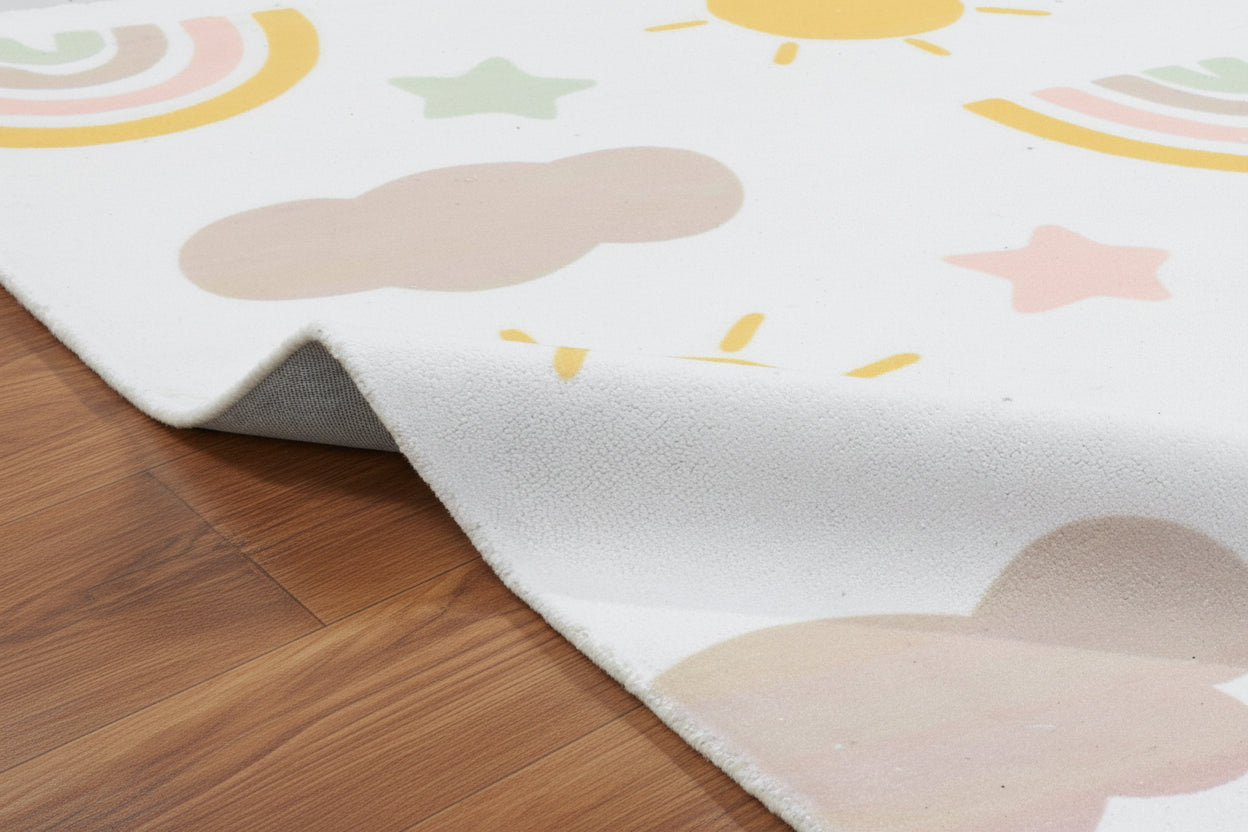 Celestial Rainbow Off White Handmade Kids Rug |Cloud, Sunshine Stars Nursery Rug 9080535613589