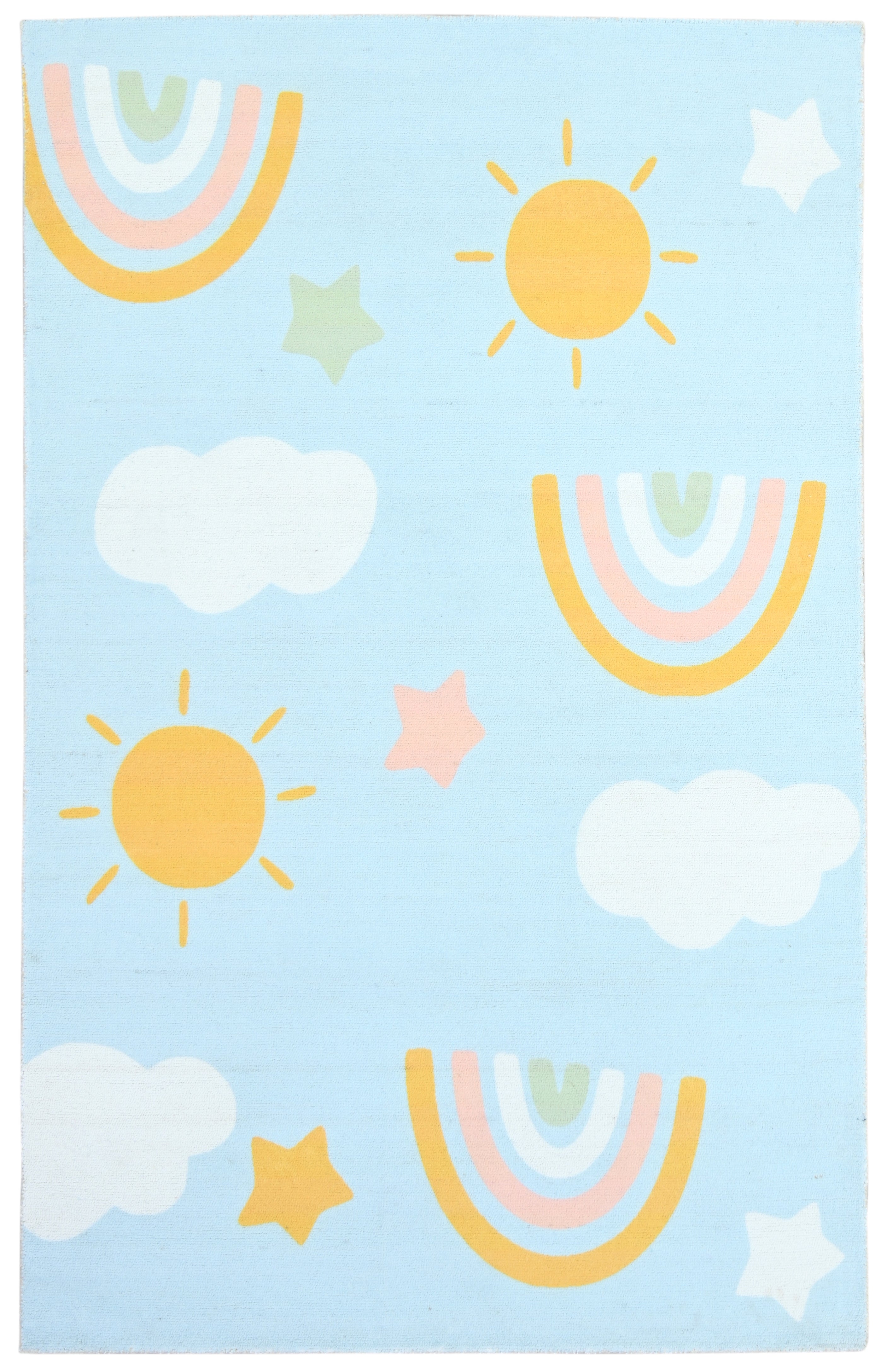 Celestial Rainbow Sky Blue Handmade Kids Rug – Cloud & Sunshine Nursery Rug 9080513331349