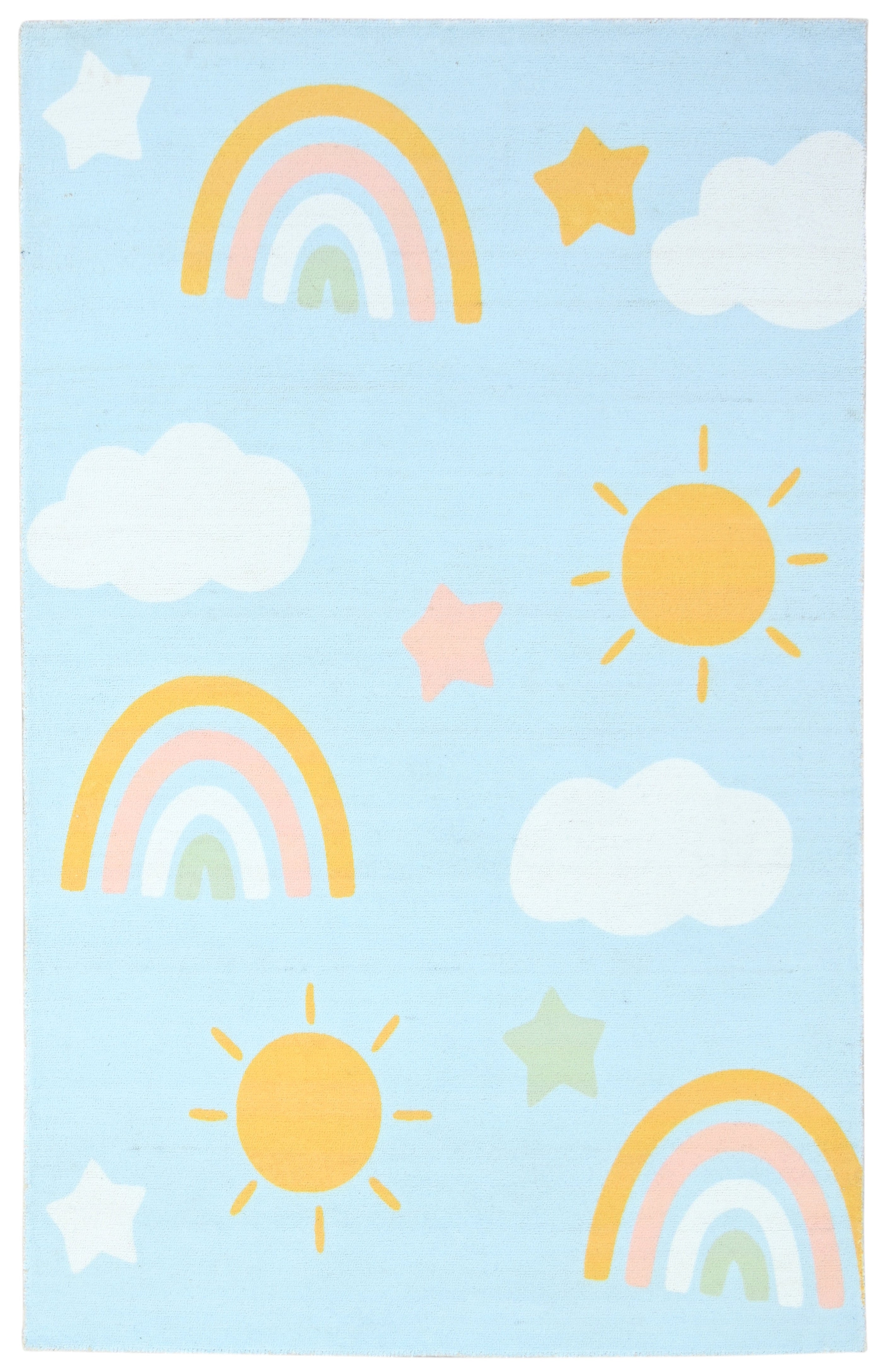 Celestial Rainbow Sky Blue Handmade Kids Rug – Cloud & Sunshine Nursery Rug 9080513331349