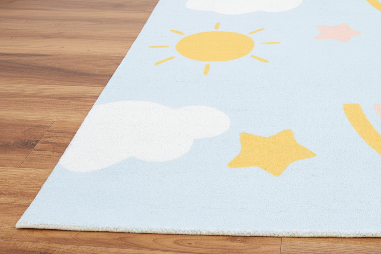 Celestial Rainbow Sky Blue Handmade Kids Rug – Cloud & Sunshine Nursery Rug 9080513331349