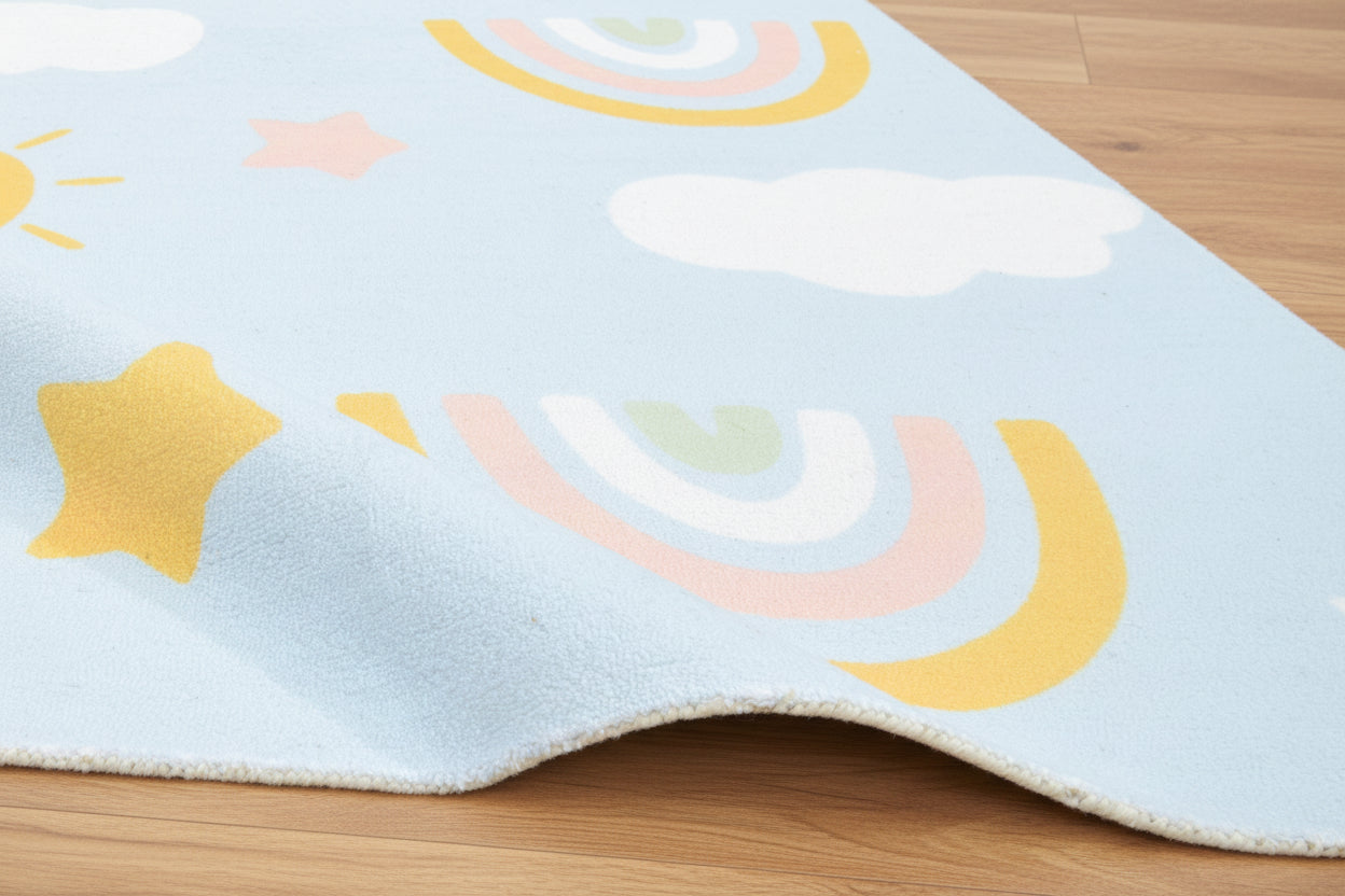 Celestial Rainbow Sky Blue Handmade Kids Rug – Cloud & Sunshine Nursery Rug 9080513331349