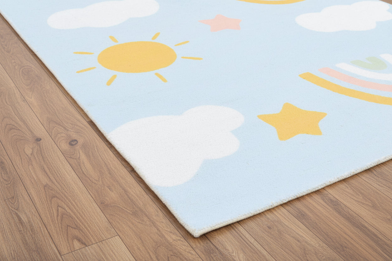 Celestial Rainbow Sky Blue Handmade Kids Rug – Cloud & Sunshine Nursery Rug 9080513331349