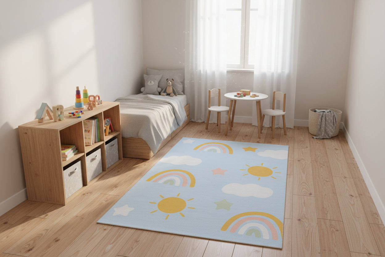 Celestial Rainbow Sky Blue Handmade Kids Rug – Cloud & Sunshine Nursery Rug 9080513331349