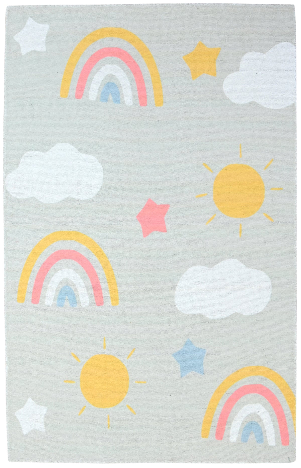 Celestial Rainbow Soft Sage Gray Handmade Kids Rug – Cloud & Sunshine Nursery Rug 9080506679445