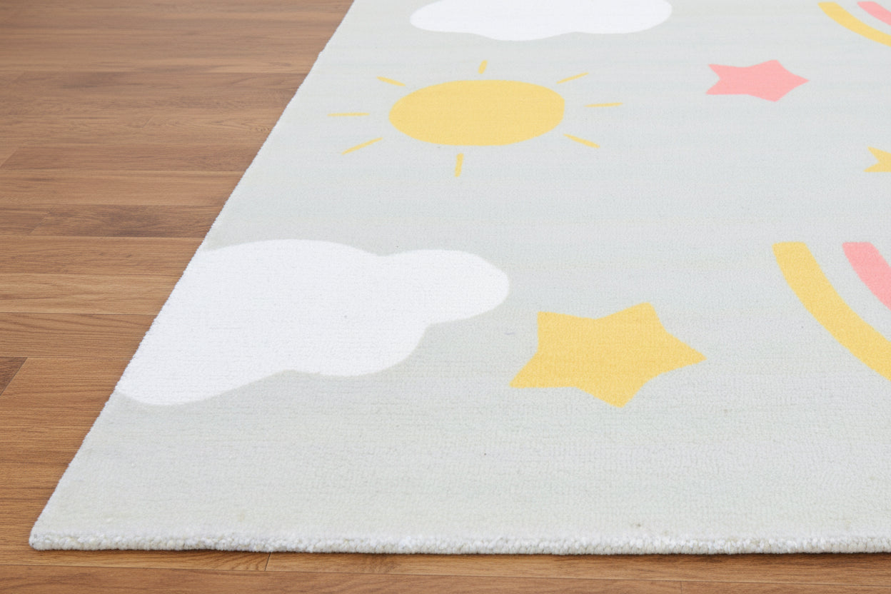 Celestial Rainbow Soft Sage Gray Kids Area Rug – Cloud & Sunshine Nursery Playroom Rug 9080506679445