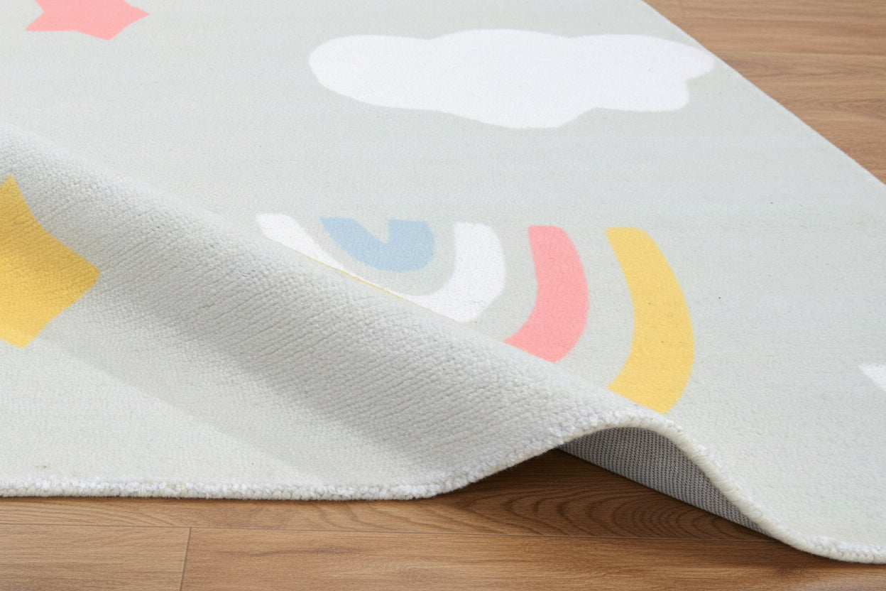 Celestial Rainbow Soft Sage Gray Kids Area Rug – Cloud & Sunshine Nursery Playroom Rug 9080506679445