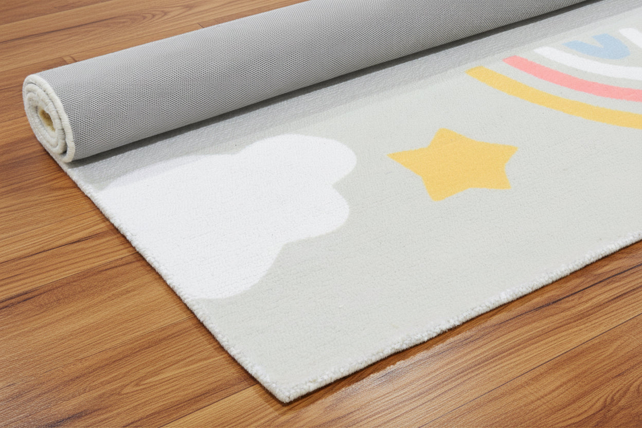 Celestial Rainbow Soft Sage Gray Kids Area Rug – Cloud & Sunshine Nursery Playroom Rug 9080506679445