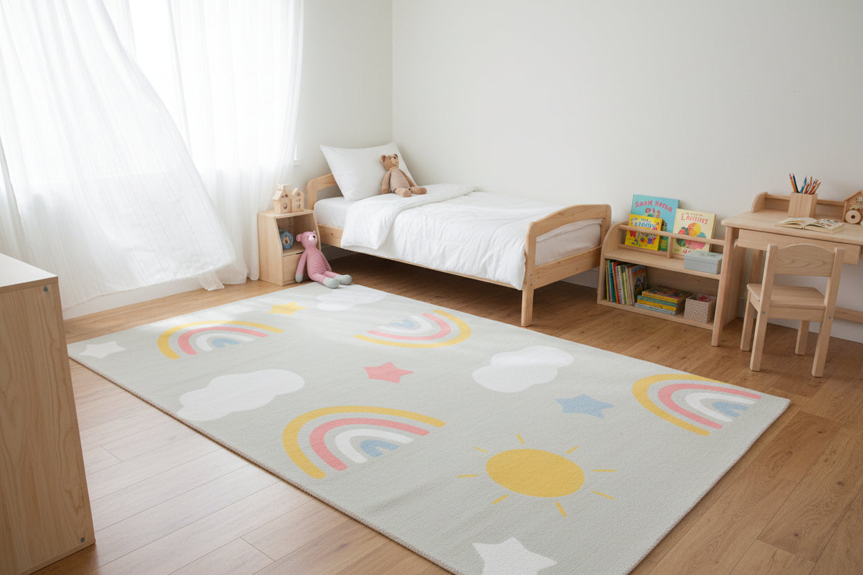 Celestial Rainbow Soft Sage Gray Kids Area Rug – Cloud & Sunshine Nursery Playroom Rug 9080506679445