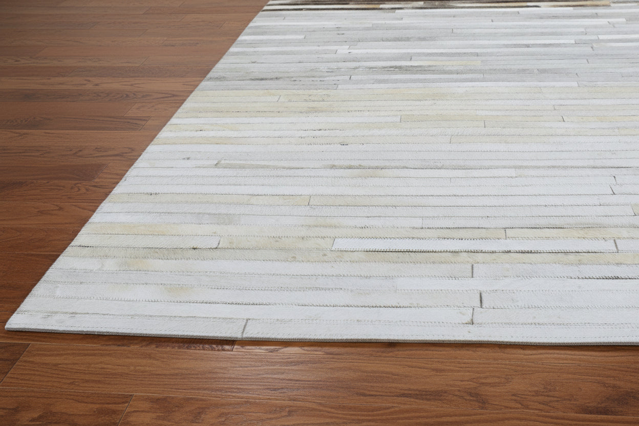 Chandal Handmade Grey & Charcoal Leather Rug – Striped Patchwork Cowhide Rug 9061014175893