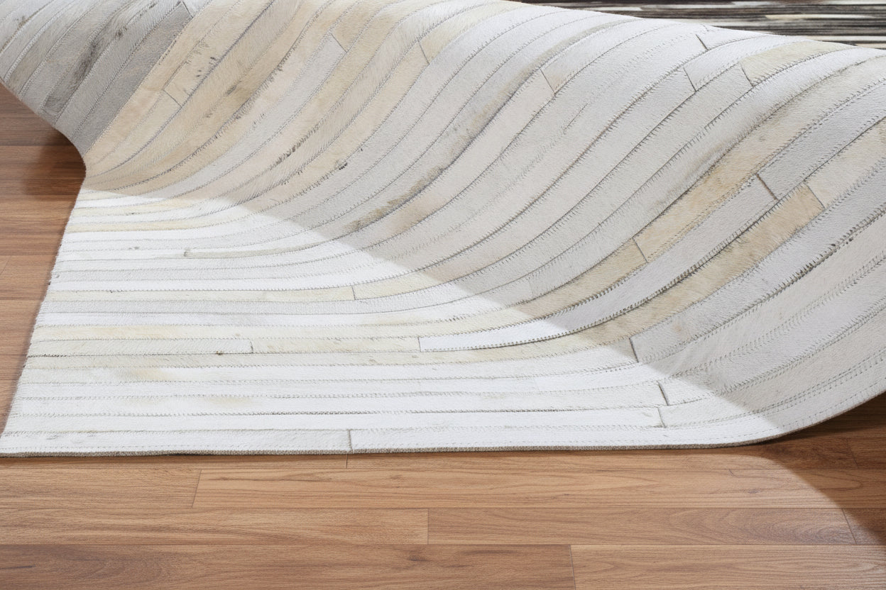 Chandal Handmade Grey & Charcoal Leather Rug – Striped Patchwork Cowhide Rug 9061014175893