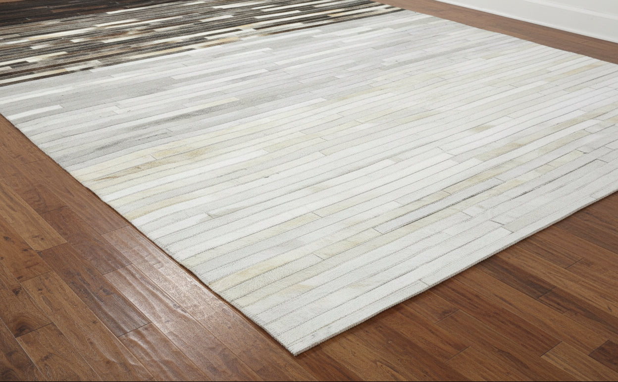 Chandal Handmade Grey & Charcoal Leather Rug – Striped Patchwork Cowhide Rug 9061014175893