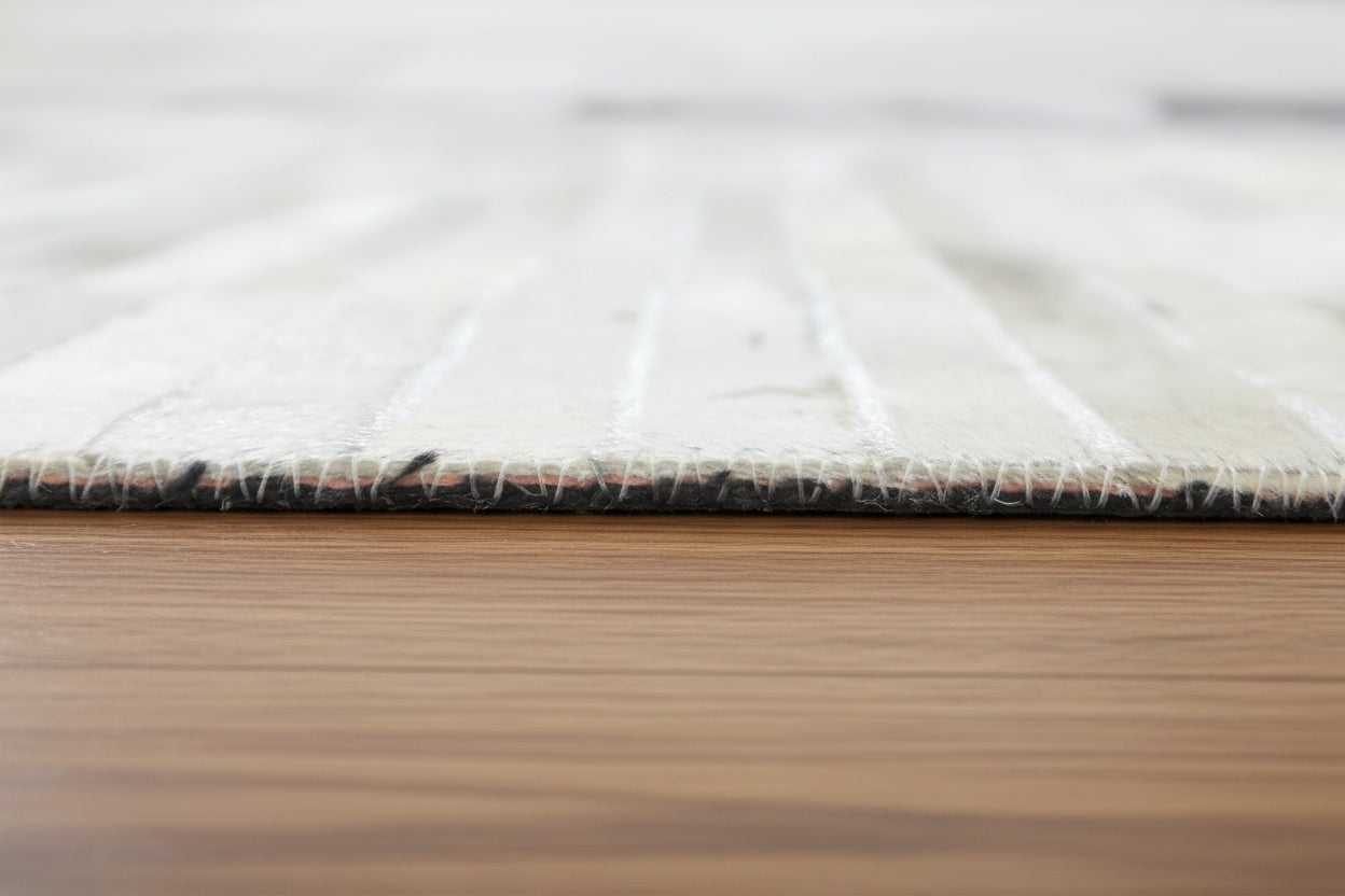 Chandal Handmade Grey & Charcoal Leather Rug – Striped Patchwork Cowhide Rug 9061014175893