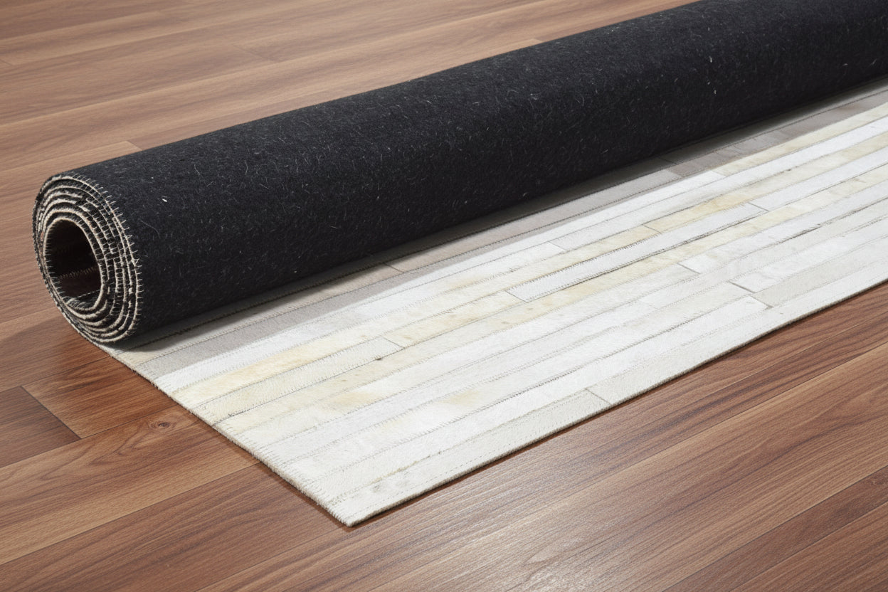 Chandal Handmade Grey & Charcoal Leather Rug – Striped Patchwork Cowhide Rug 9061014175893