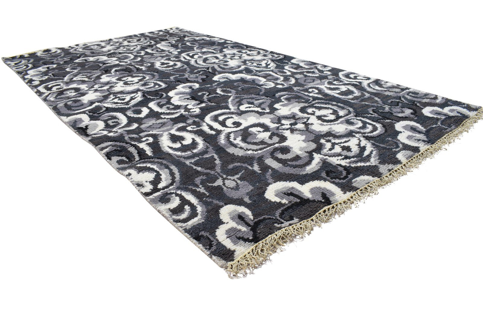 Charcoal Pet Yarn Rug 4X8 Modern Hand Knotted Moroccan Damask Room Size Runner 7864099668117