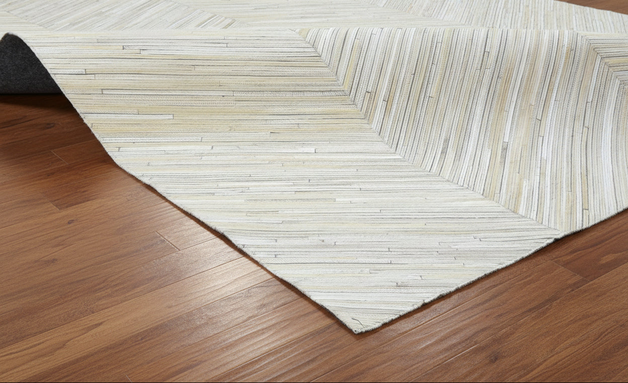 Chevron Handmade Patchwork Leather Ivory Rug - Modern Striped Cowhide Leather Rug 9065142812821