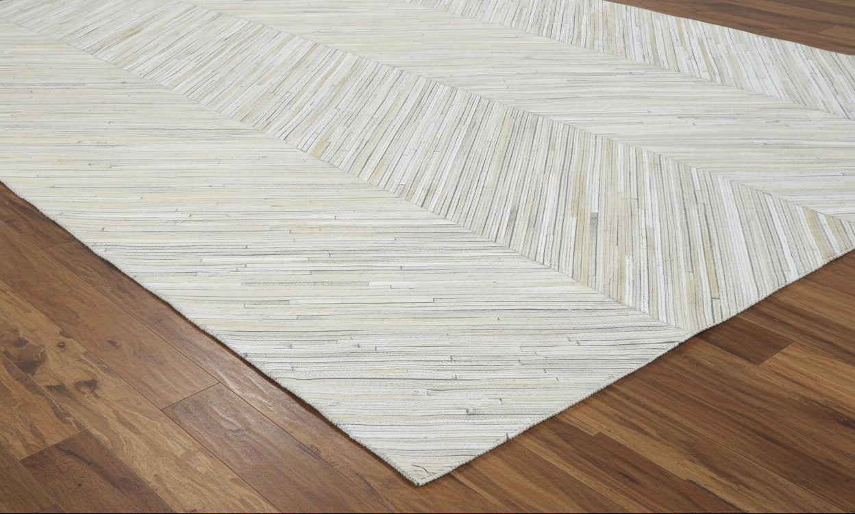 Chevron Handmade Patchwork Leather Ivory Rug - Modern Striped Cowhide Leather Rug 9065142812821