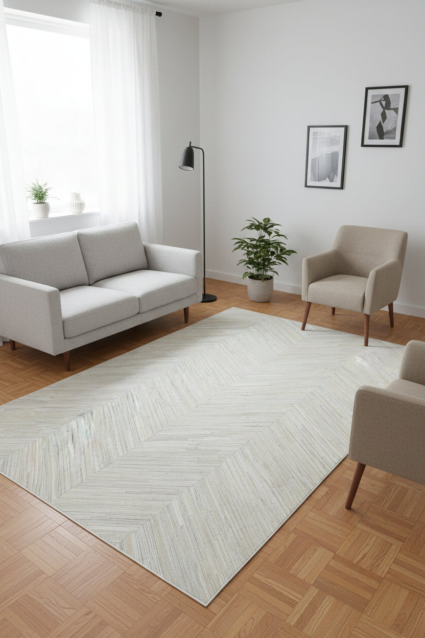 Chevron Handmade Patchwork Leather Ivory Rug - Modern Striped Cowhide Leather Rug 9065142812821