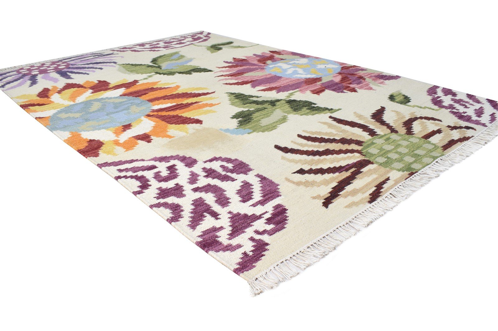 Cream Wool Rug 5' X 7' Modern Dhurrie French Floral Room Size Carpet 7865079857301