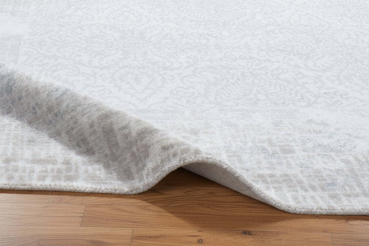 Daman Handmade Abstract Loom Knotted Hand Woven Silk Like Wool Viscose Beige Blue Rug 9016273862805