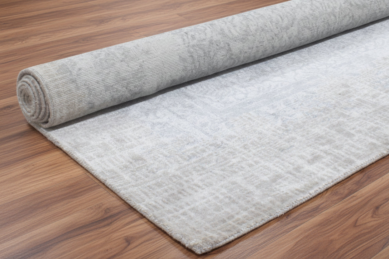 Daman Handmade Abstract Loom Knotted Hand Woven Silk Like Wool Viscose Beige Blue Rug 9016273862805