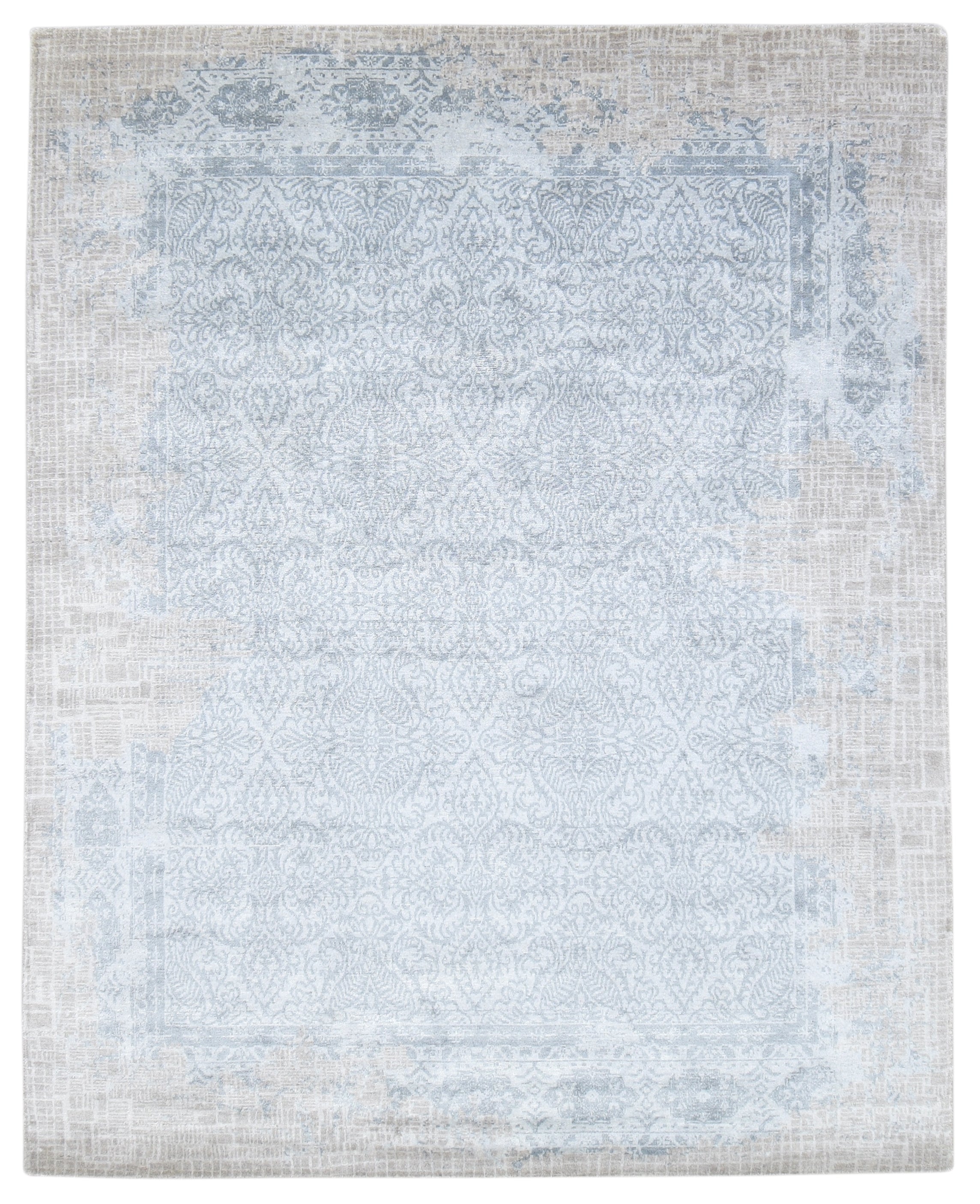 Daman Handmade Abstract Loom Knotted Hand Woven Silk Like Wool Viscose Beige Blue Rug 9016273862805