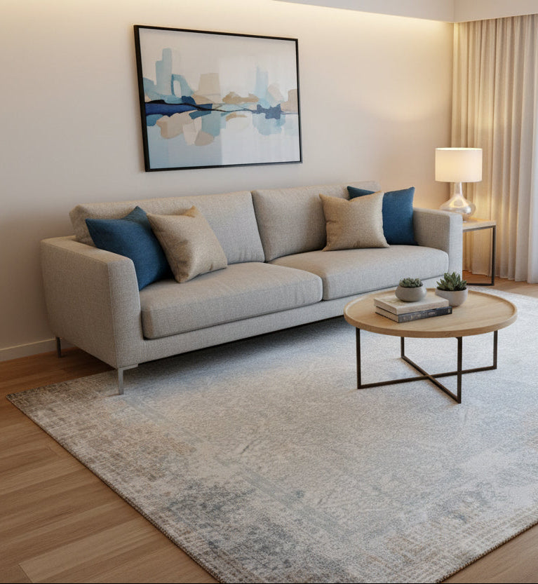 Daman Handmade Abstract Loom Knotted Hand Woven Silk Like Wool Viscose Beige Blue Rug 9016273862805