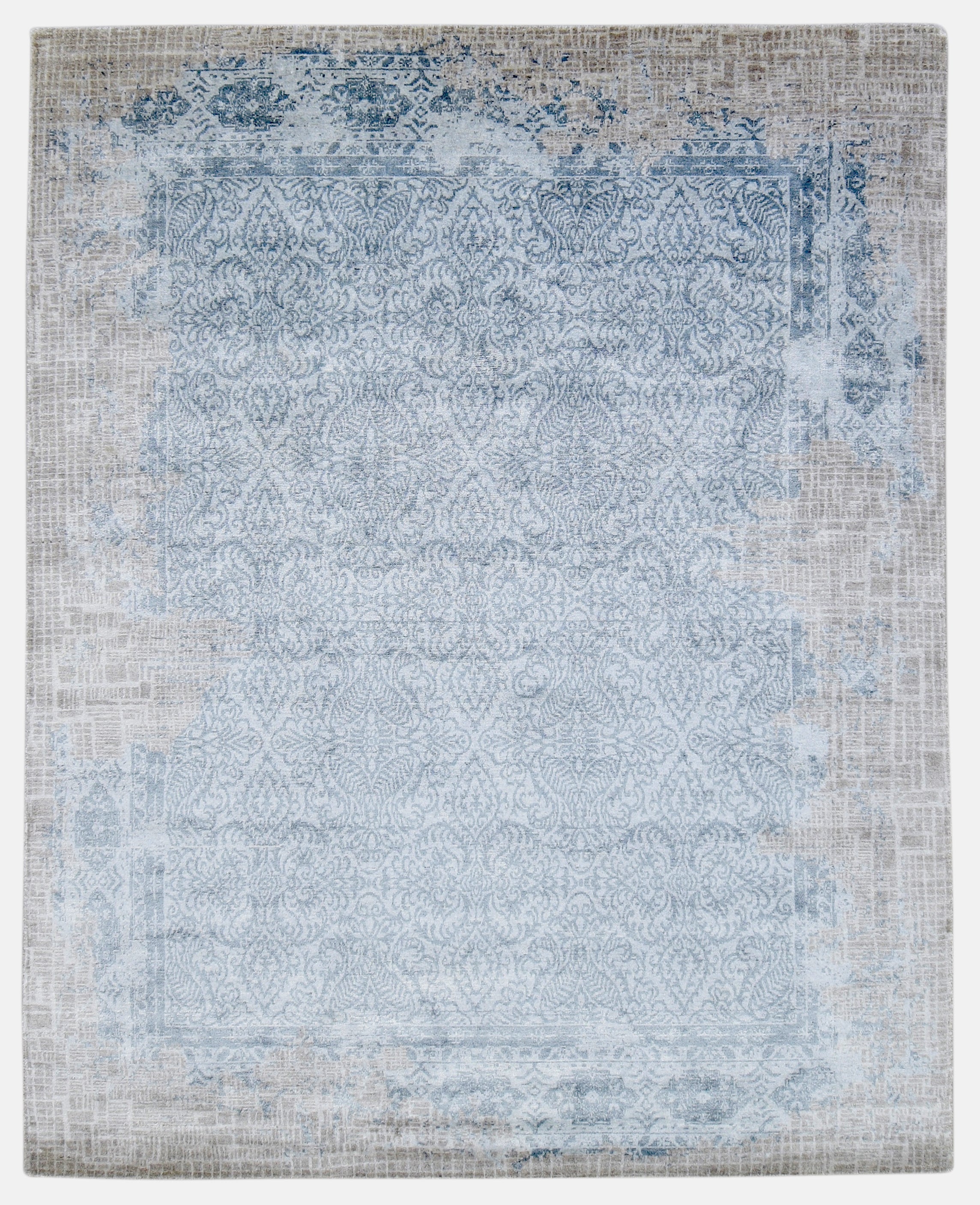 Daman Handmade Abstract Loom Knotted Hand Woven Silk Like Wool Viscose Beige Blue Rug 9016273862805