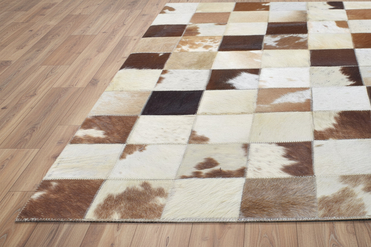 Danny Handmade Leather Checkerboard Brown Rug | Modern Checkered Blocks Patchwork Rug 7864581685397