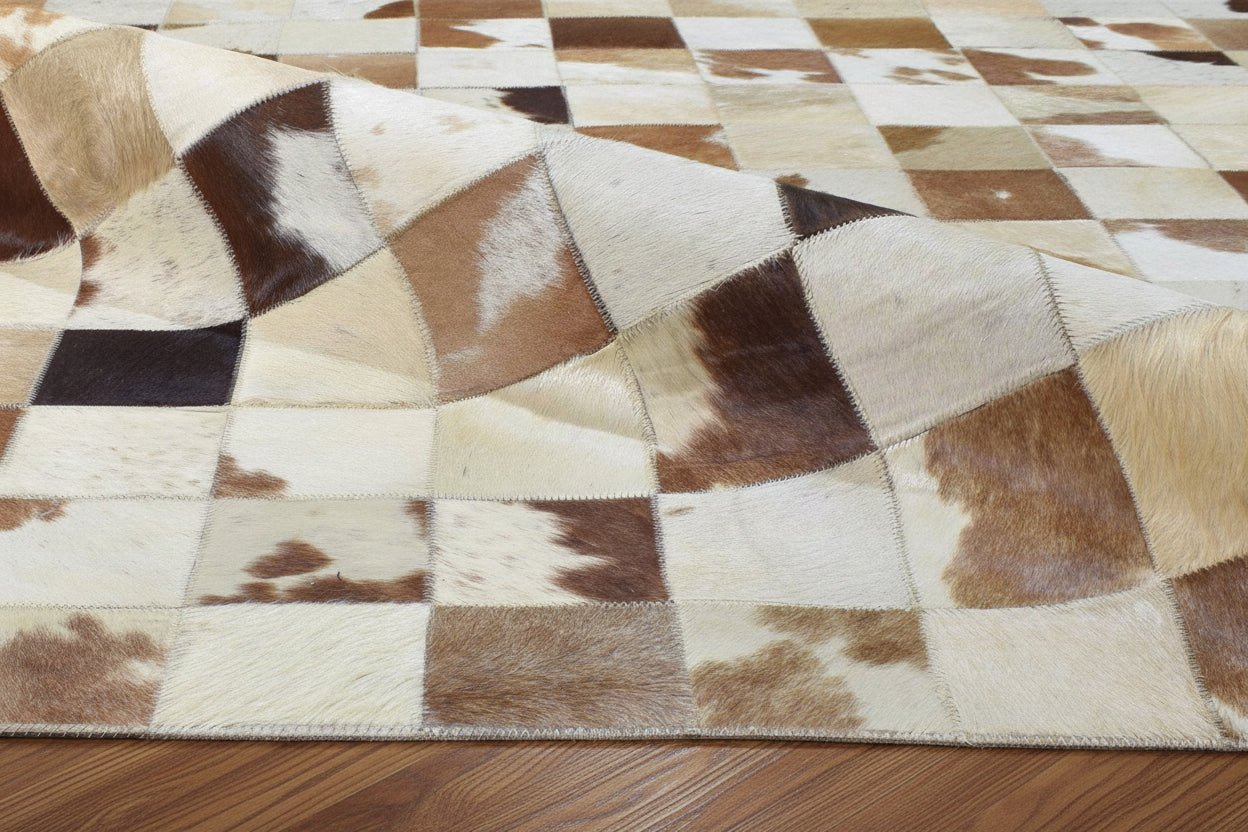 Danny Handmade Leather Checkerboard Brown Rug | Modern Checkered Blocks Patchwork Rug 7864581685397