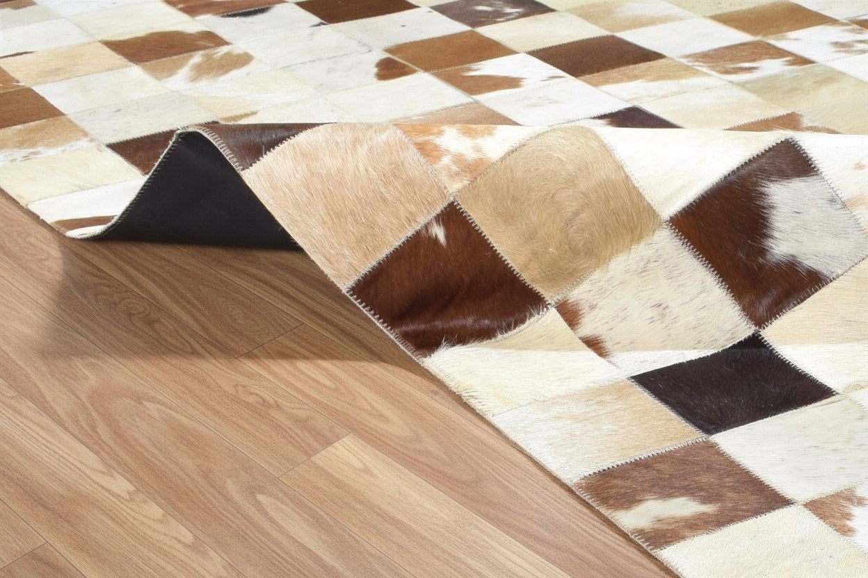 Danny Handmade Leather Checkerboard Brown Rug | Modern Checkered Blocks Patchwork Rug 7864581685397