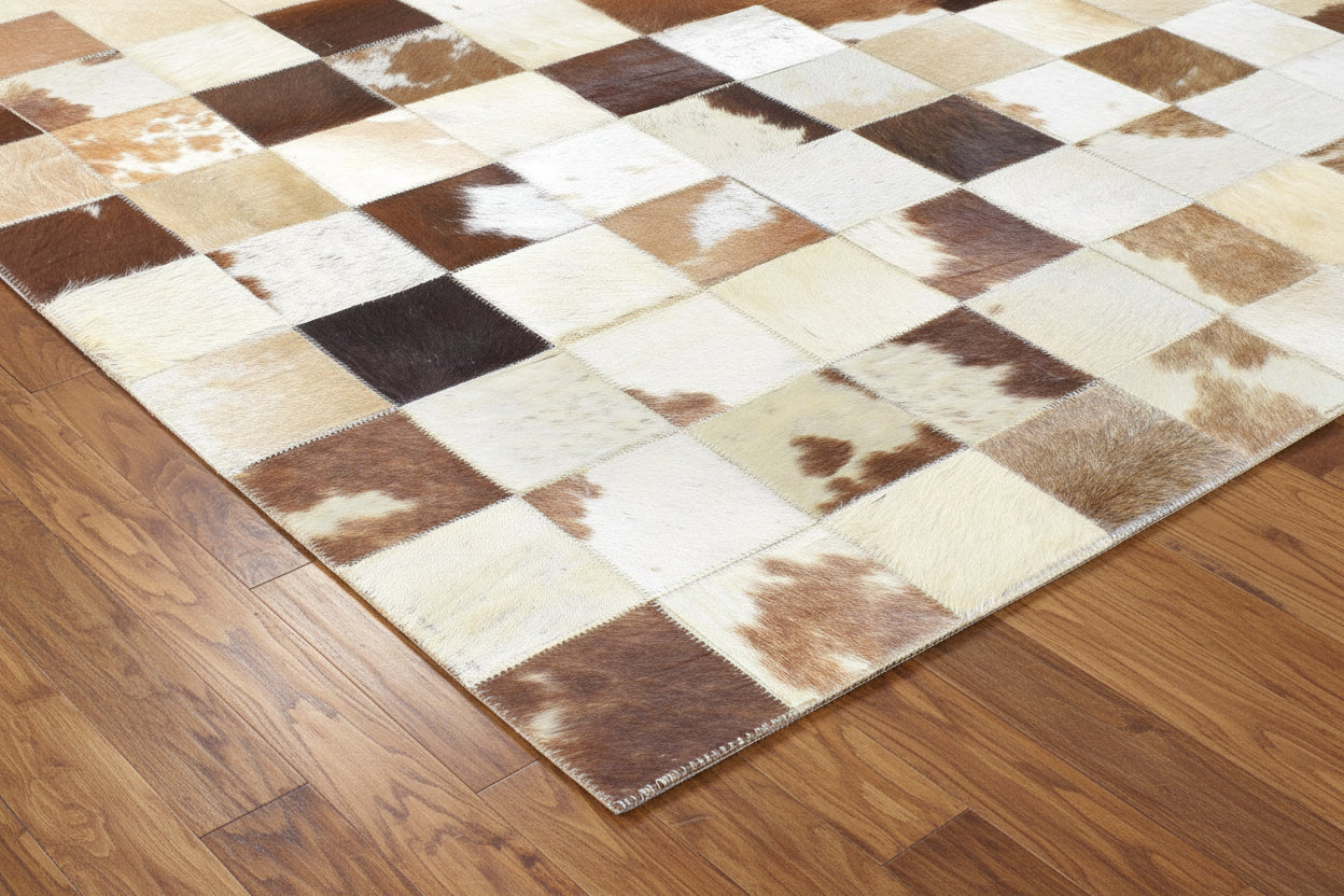 Danny Handmade Leather Checkerboard Brown Rug | Modern Checkered Blocks Patchwork Rug 7864581685397