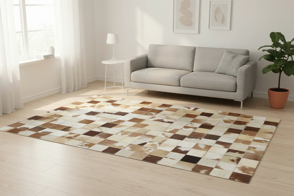 Danny Handmade Leather Checkerboard Brown Rug | Modern Checkered Blocks Patchwork Rug 7864581685397