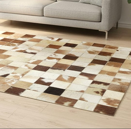 Danny Handmade Leather Checkerboard Brown Rug | Modern Checkered Blocks Patchwork Rug 7864581685397