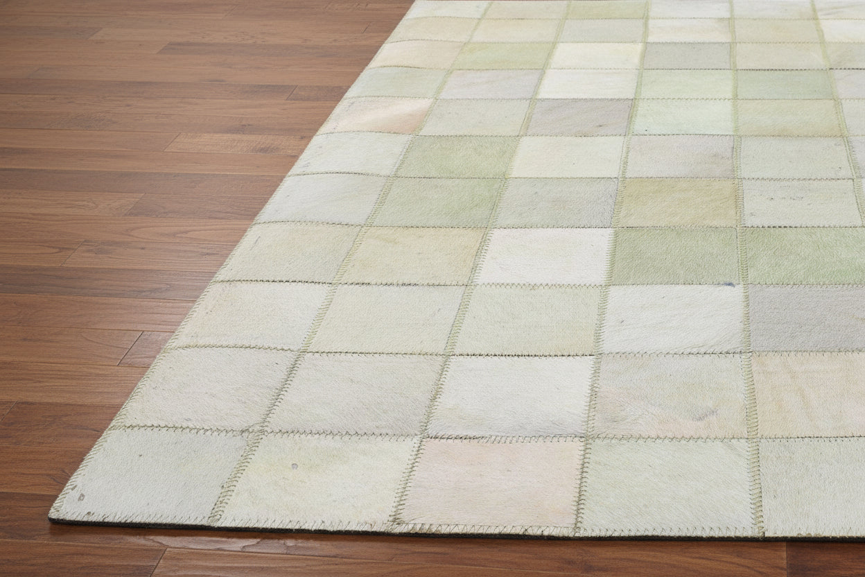 Dela Handmade Leather Cream Rug | Patchwork Chekered Blocks Area Rug 7864580374677