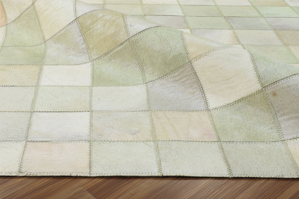 Dela Handmade Leather Cream Rug | Patchwork Chekered Blocks Area Rug 7864580374677