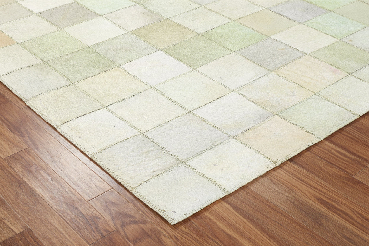 Dela Handmade Leather Cream Rug | Patchwork Chekered Blocks Area Rug 7864580374677
