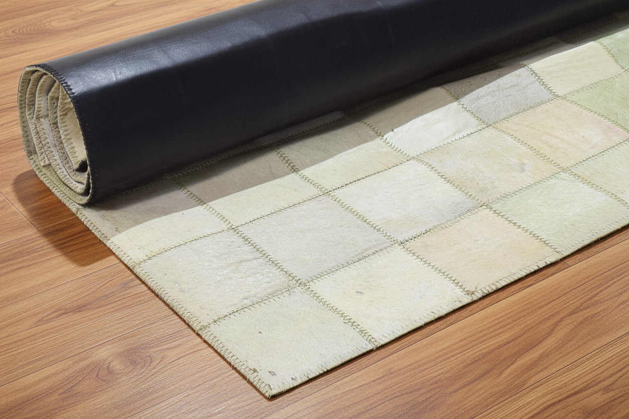 Dela Handmade Leather Cream Rug | Patchwork Chekered Blocks Area Rug 7864580374677