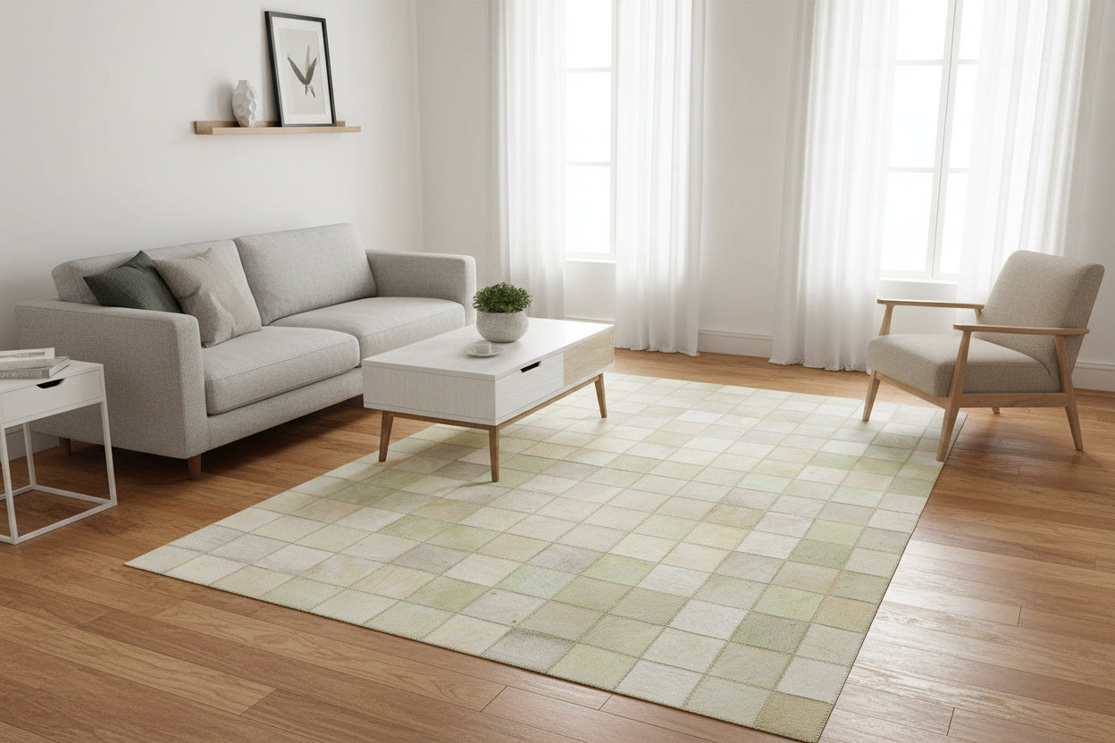 Dela Handmade Leather Cream Rug | Patchwork Chekered Blocks Area Rug 7864580374677