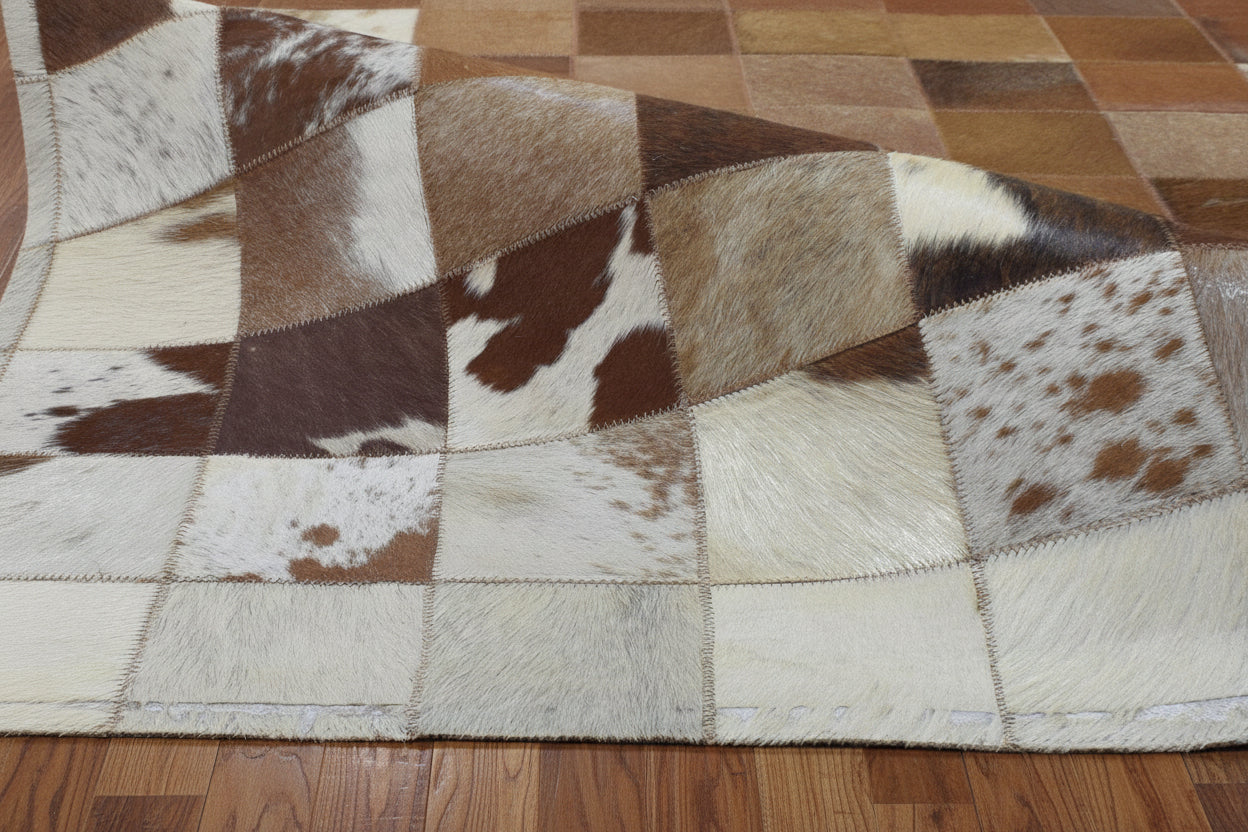 Deva Brown Handmade Leather Checkerboard Rug | Modern Patchwork Checkered Border Rug 7864582111381