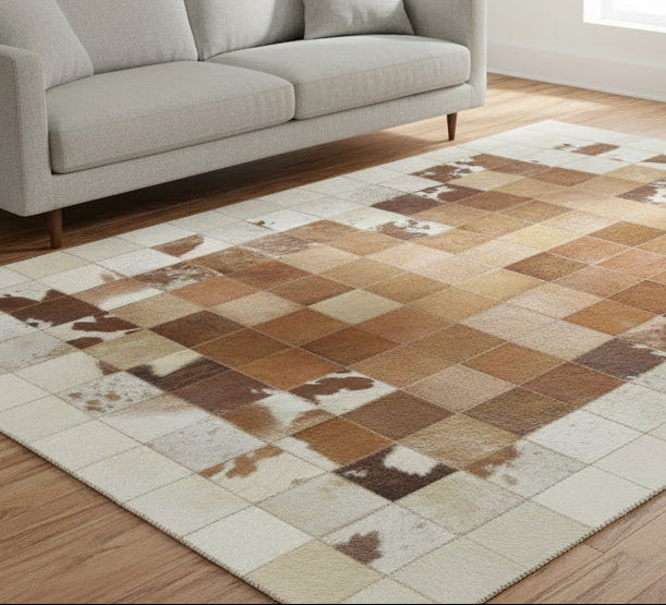 Deva Brown Handmade Leather Checkerboard Rug | Modern Patchwork Checkered Border Rug 7864582111381