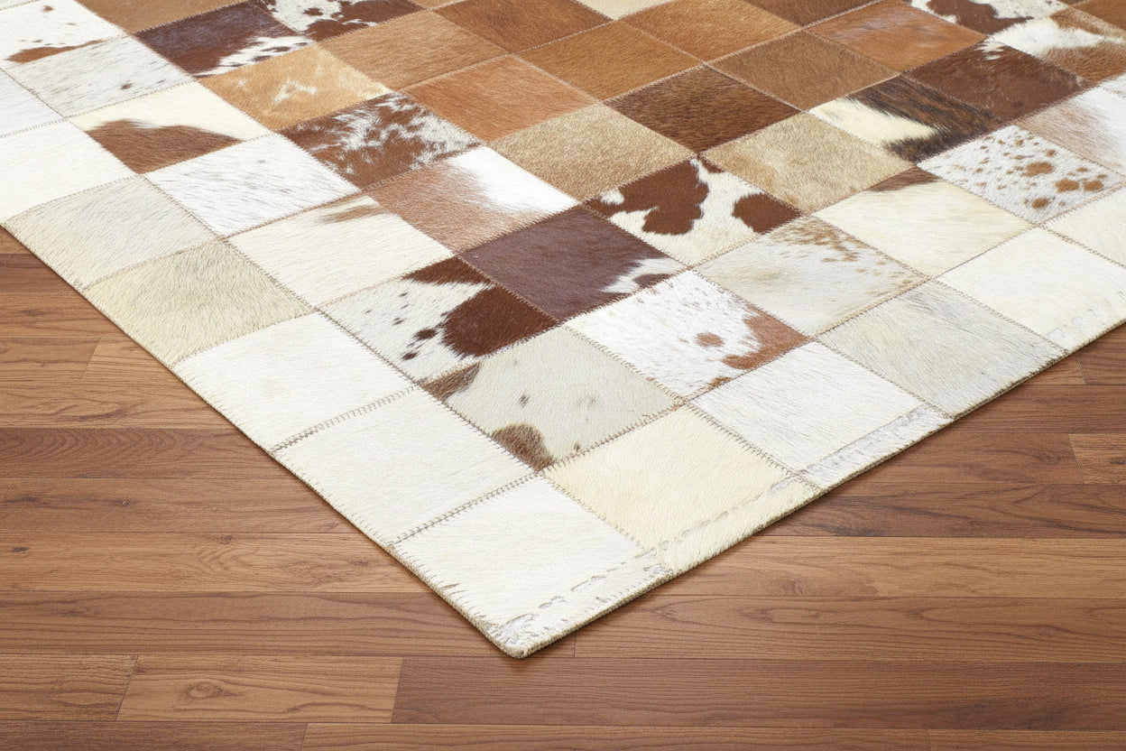 Deva Brown Handmade Leather Checkerboard Rug | Modern Patchwork Checkered Border Rug 7864582111381